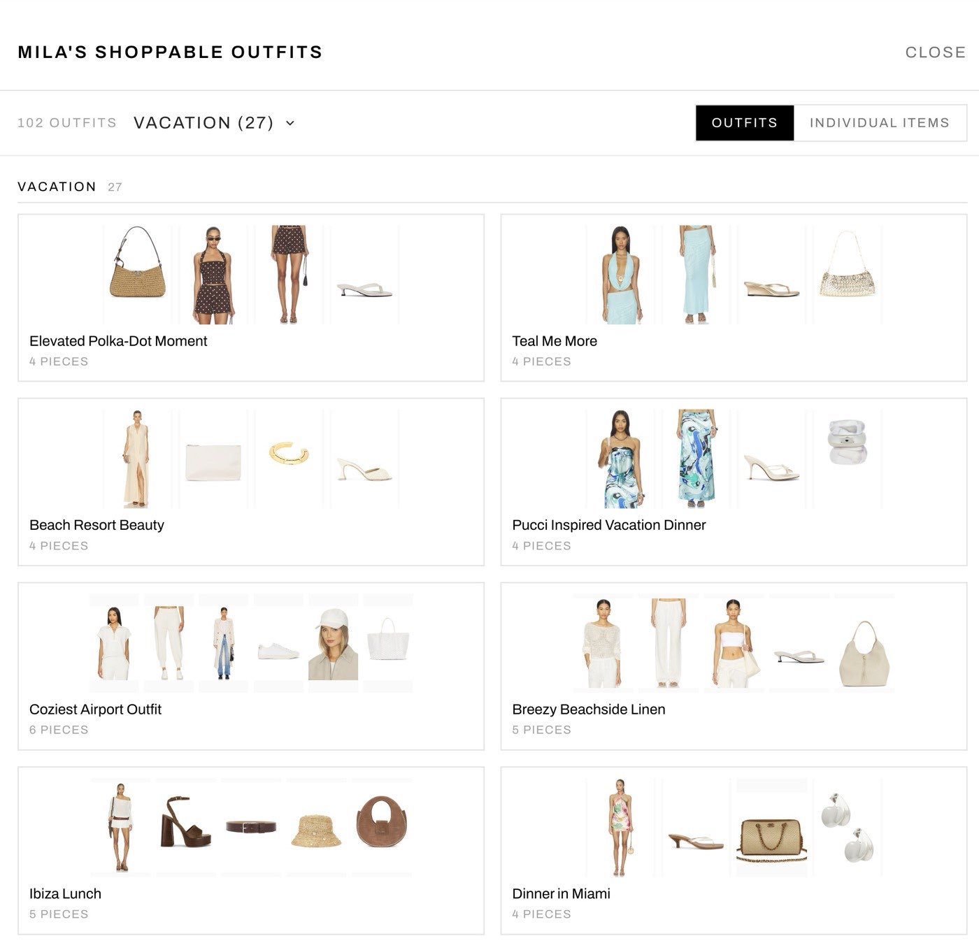 Mila's shoppable outfits: 102 outfits grouped by occasion, each one a row of pieces