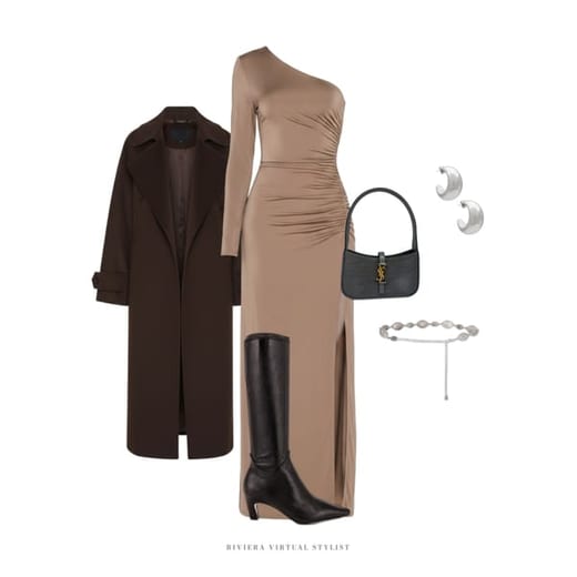 A look: camel one-shoulder dress, brown coat, black knee boots, black bag