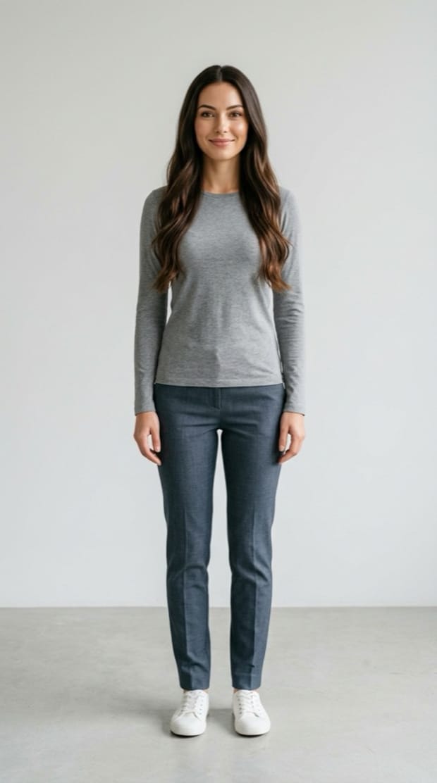 Our example model in plain clothes, then in four of Mila&rsquo;s looks